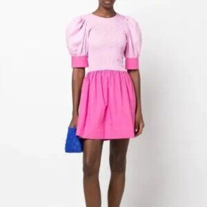 NWT Ganni Colorblock Poplin Cotton Mini Dress in Pink L DK40 $255